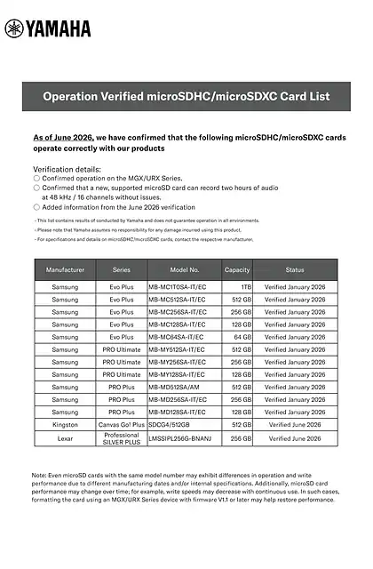 yamaha雅马哈Verified microSD list for MGX_URX